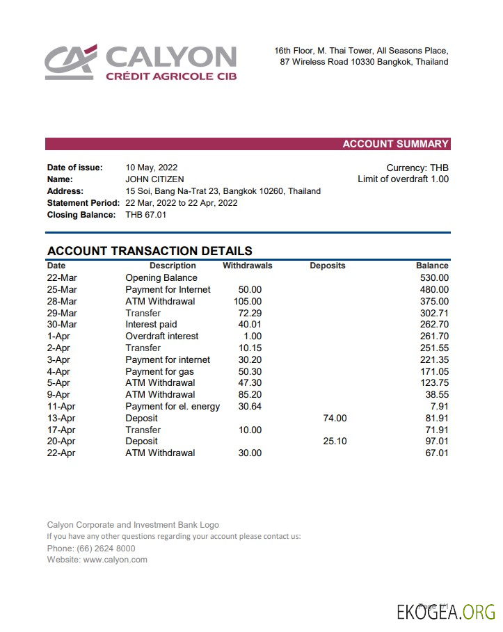 Relevé bancaire Calyon Thaïlande xls